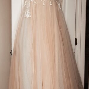 Elegant Beige Tulle Gown with Floral Embroidery